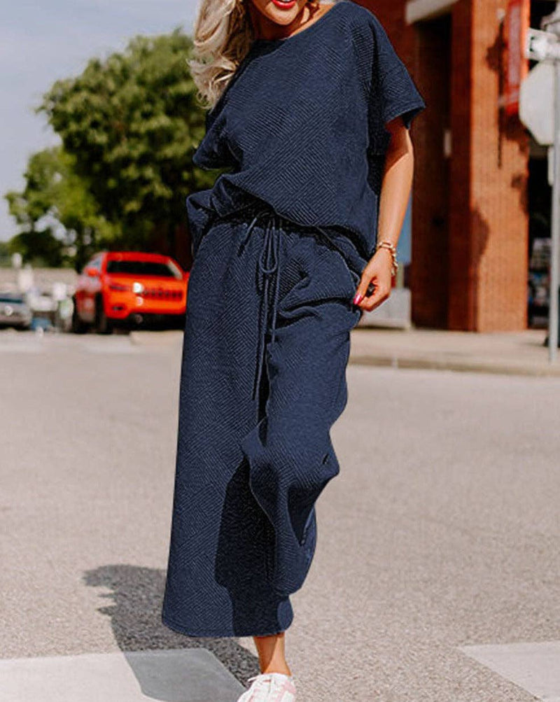 Textured Wide Leg Cropped Pants & Shirt Set