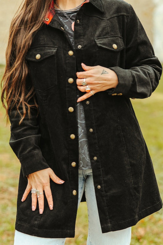 The Black Corduroy Pearl Snap Jacket