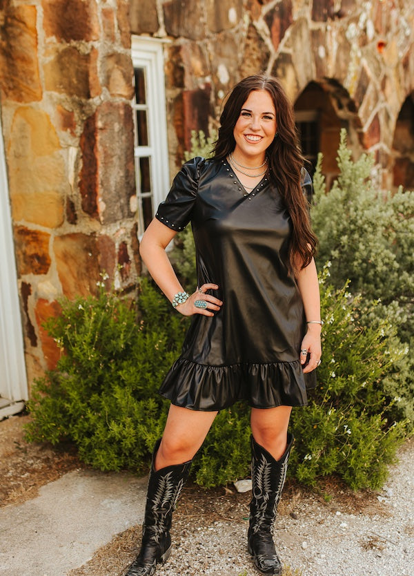 The V Neck Faux Leather Studded Dress