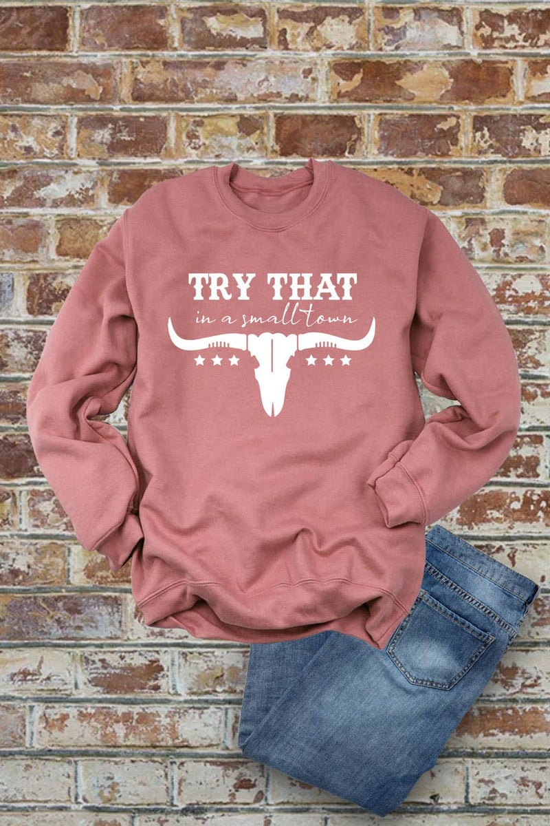 Top Avenue - Try That In a Small Town, Rodeo, Unisex Crew Neck Sweatshirt: H Grey/Brwn / S / Graphic Sweatshirt