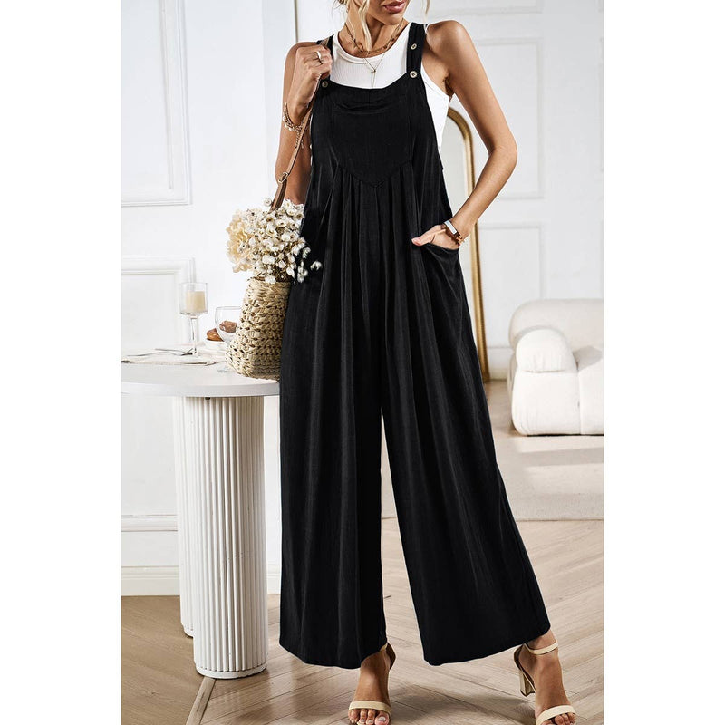 Supreme Fashion - Solid Wide Leg Pocketed Shoulder Tie Overalls: BLACK / M