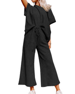 Textured Wide Leg Cropped Pants & Shirt Set