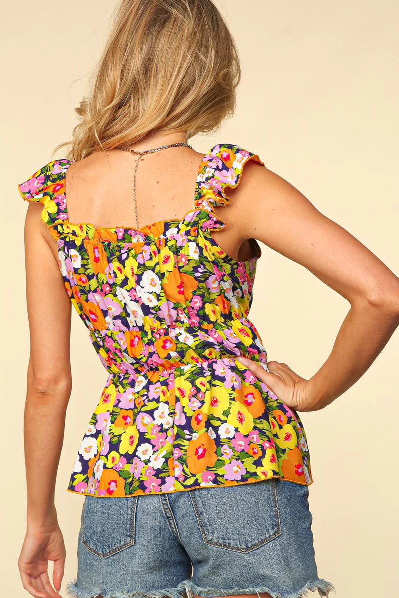 Navy Lilac Yellow Fitted Ruffle Tank Top