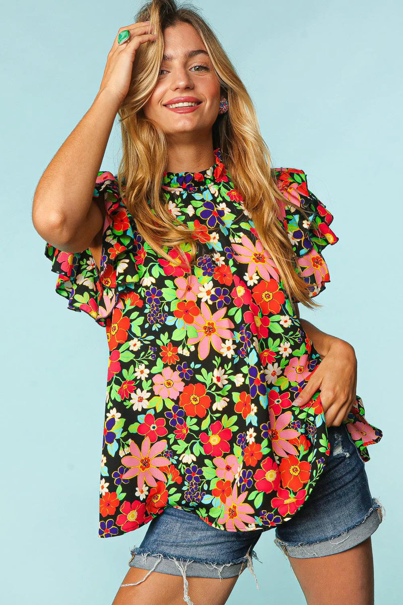 Black Floral Mock Neck Dbl Layered Ruffle Sleeve Top
