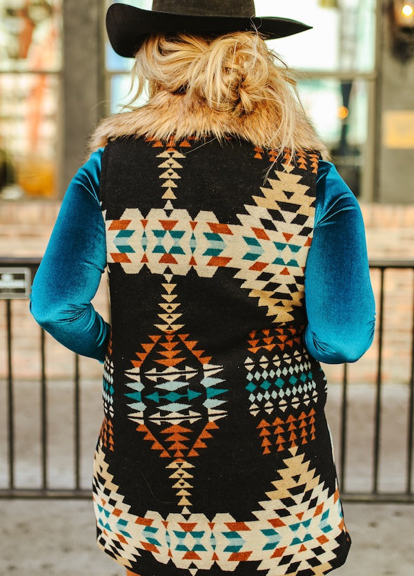Black Aztec Vest W/ Removable Fur Collar