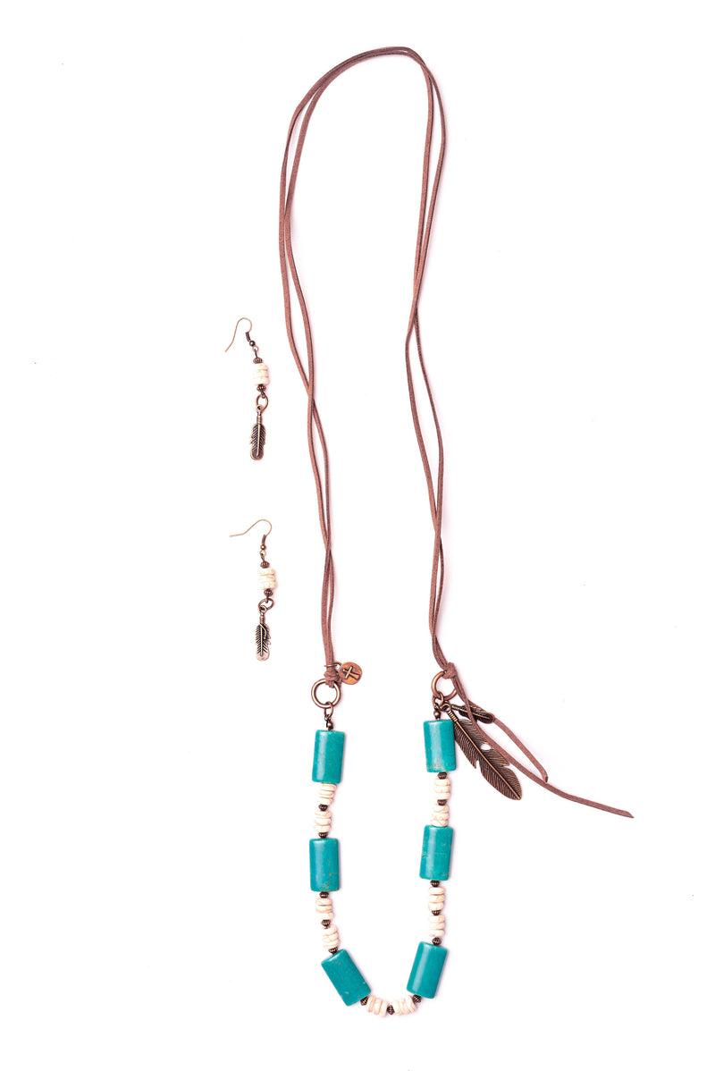 West & Co.  - Leather Necklace Set w/ Turq, Ivory, Worn Copper Feather