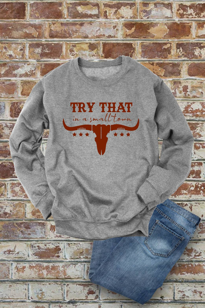 Top Avenue - Try That In a Small Town, Rodeo, Unisex Crew Neck Sweatshirt: H Grey/Brwn / S / Graphic Sweatshirt