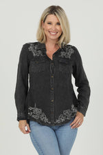 N2U67-ASIS EMBROIDERED ACID WASHED BUTTON FROTN SHIRT: L / Black