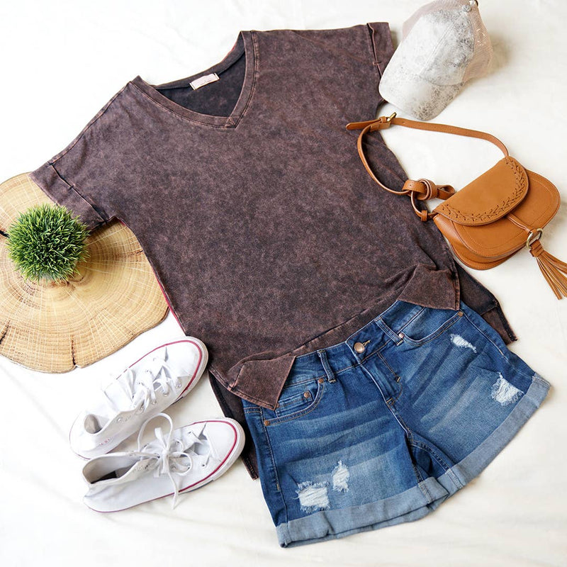 Mineral Wash V-Neck Cuff Sleeve