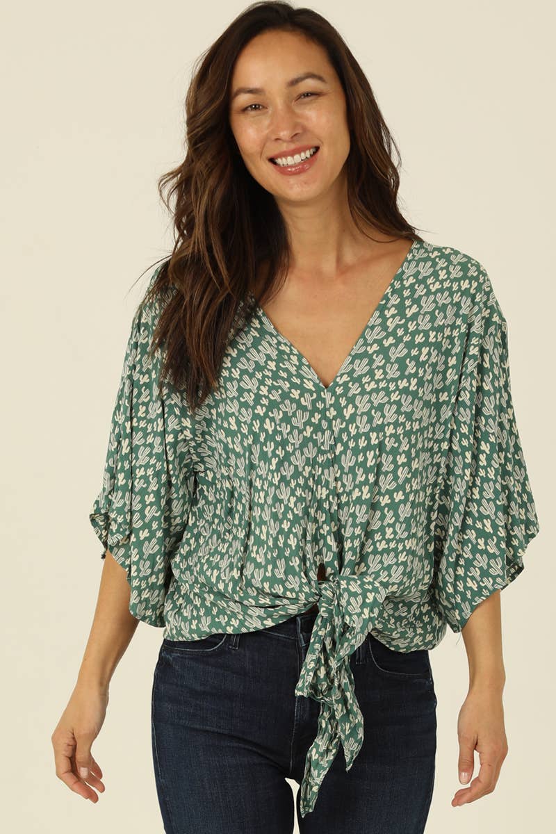 CACTUS PRINT V NECK KIMONO SLEEVE BLOUSE WITH TIE