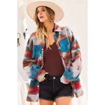 Aztec Patterned Fringe Shacket - Teal
