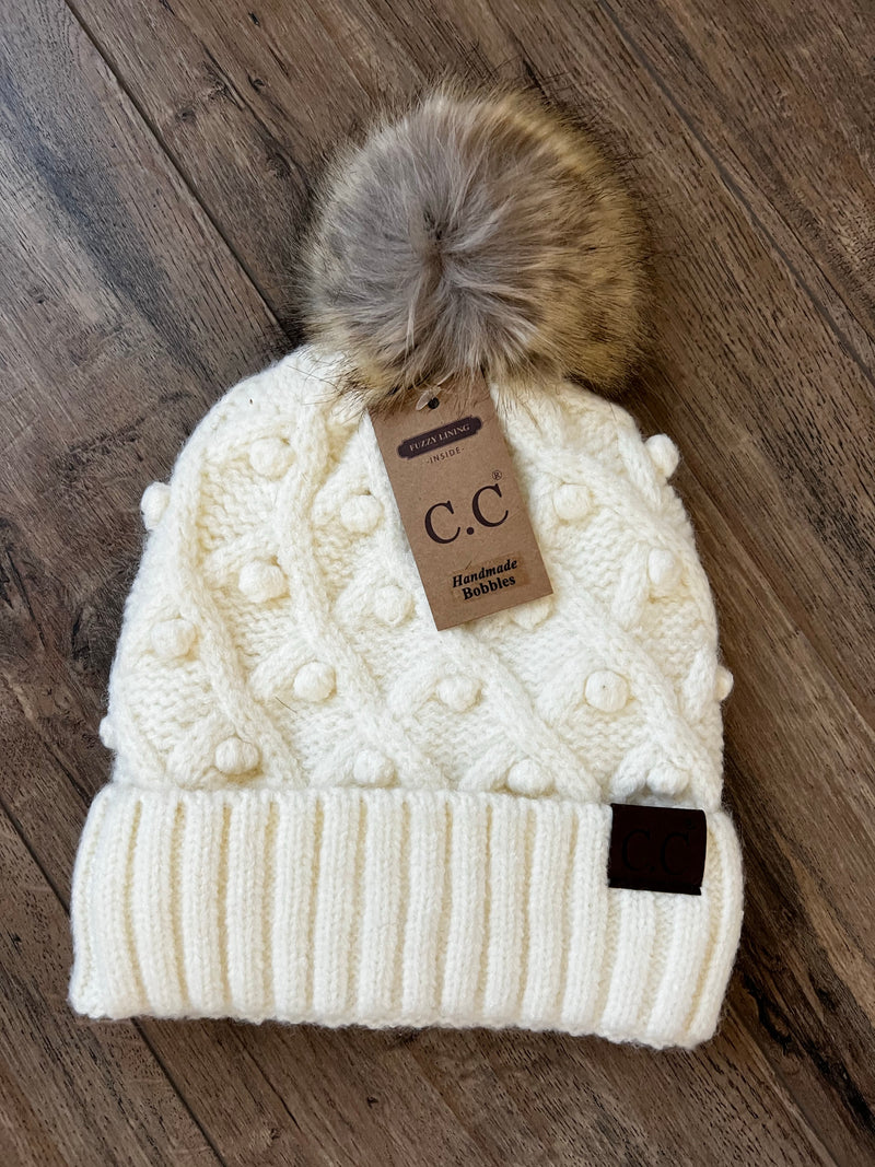 Bobble Knit Fur Pom Beanie