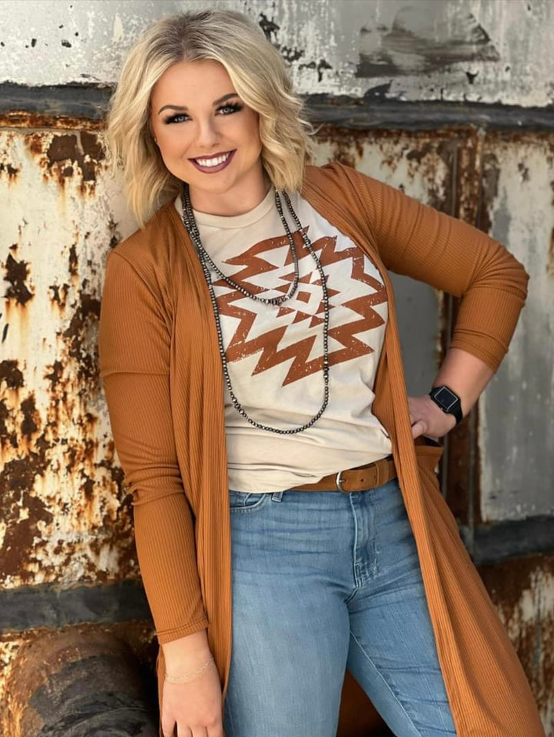 Ribbed Terracotta Mid-Length Cardigan