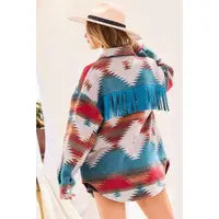 Aztec Patterned Fringe Shacket - Teal