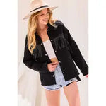 Fringe Accent Frayed Hem Shacket - Black