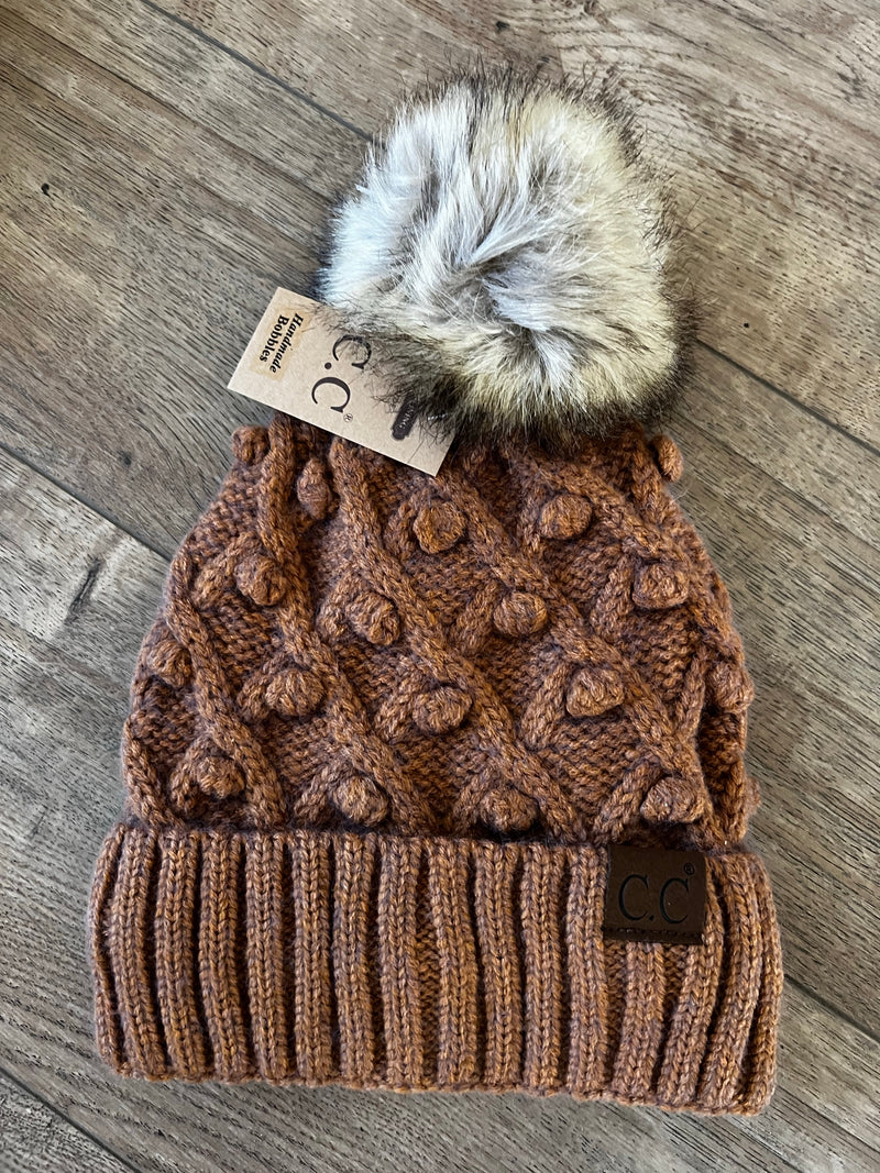 Bobble Knit Fur Pom Beanie