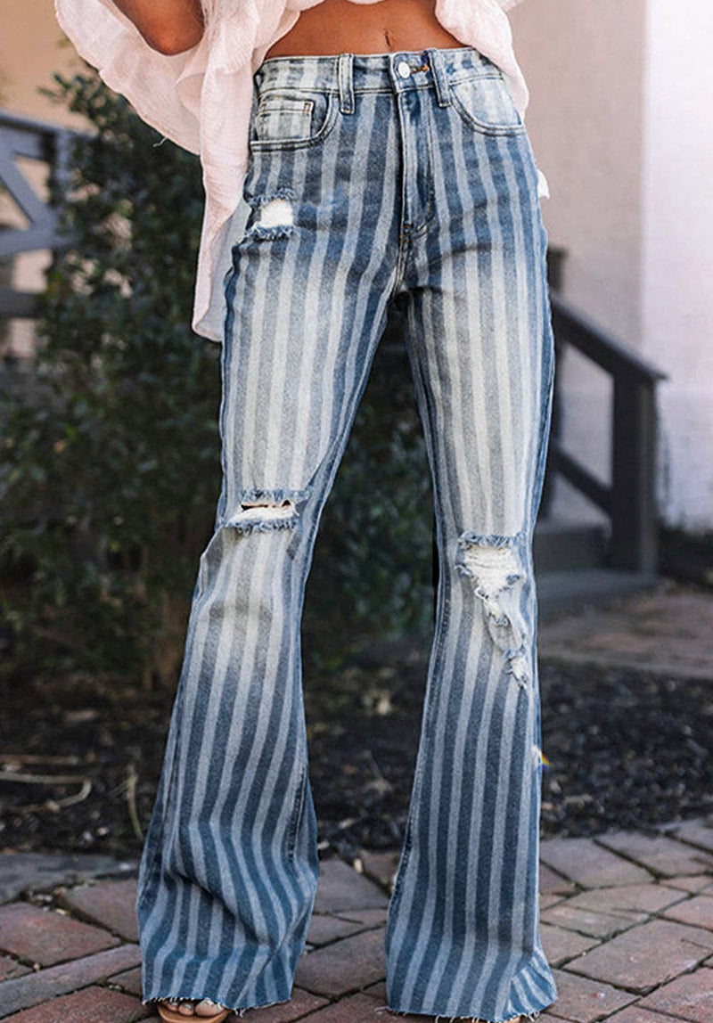 Striped Distressed Denim Flares