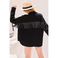 Fringe Accent Frayed Hem Shacket - Black